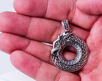 Viking Dragon Jormungand Ouroboros Runes Futhark Celtic Knotwork 925 Sterling Silver Amulet Pendant