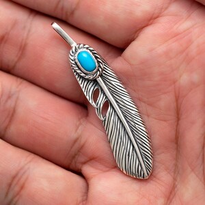 Bird Feather Blue Oval Turquoise Boho Native American Indian  925 Sterling Silver Pendant