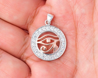 Rose Gold Plated Egyptian Eye of Horus Ra with Clear Cubic Zirconia Sterling Silver Charm Pendant