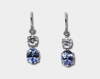 Pendientes de Tanzanita y Circón, Oro Blanco de 14k, Piedra de Nacimiento de Diciembre
