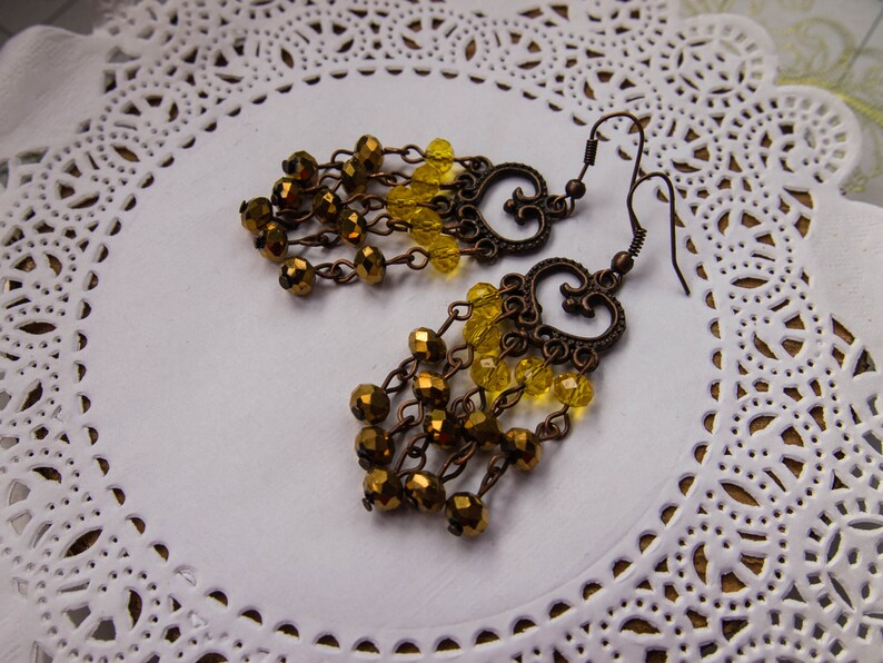 Gothic yellow and gold Long Earrings Gunmetal Victorian Style
