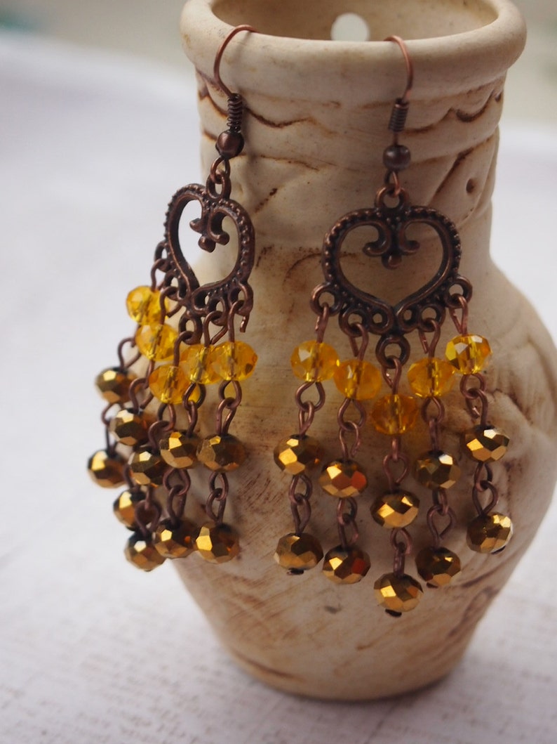 Gothic yellow and gold Long Earrings Gunmetal Victorian Style