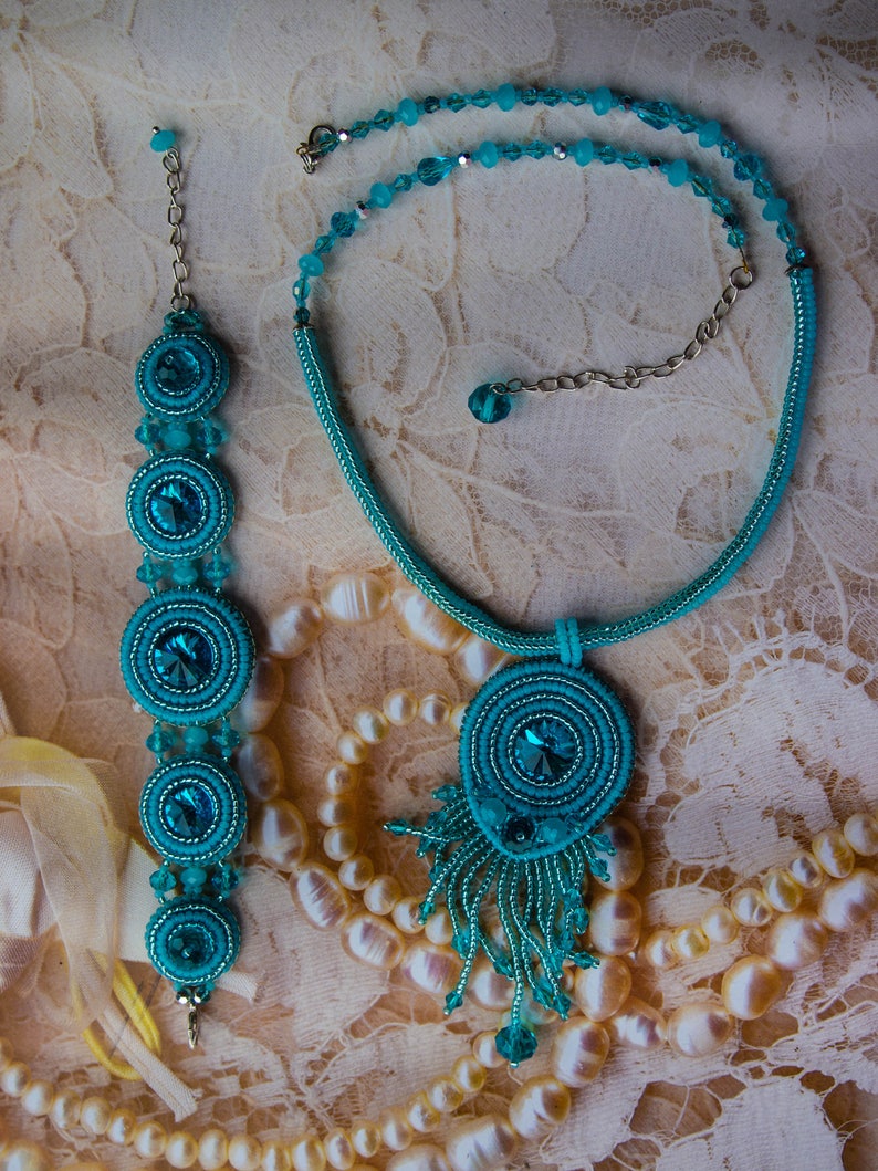 Turquoise blue beaded rope set Ethnic bracelet and necklace with pendant beaded