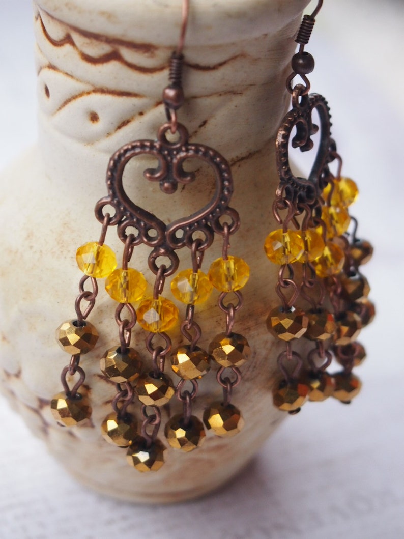 Gothic yellow and gold Long Earrings Gunmetal Victorian Style