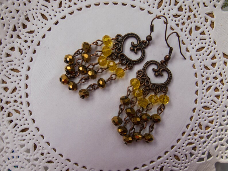 Gothic yellow and gold Long Earrings Gunmetal Victorian Style