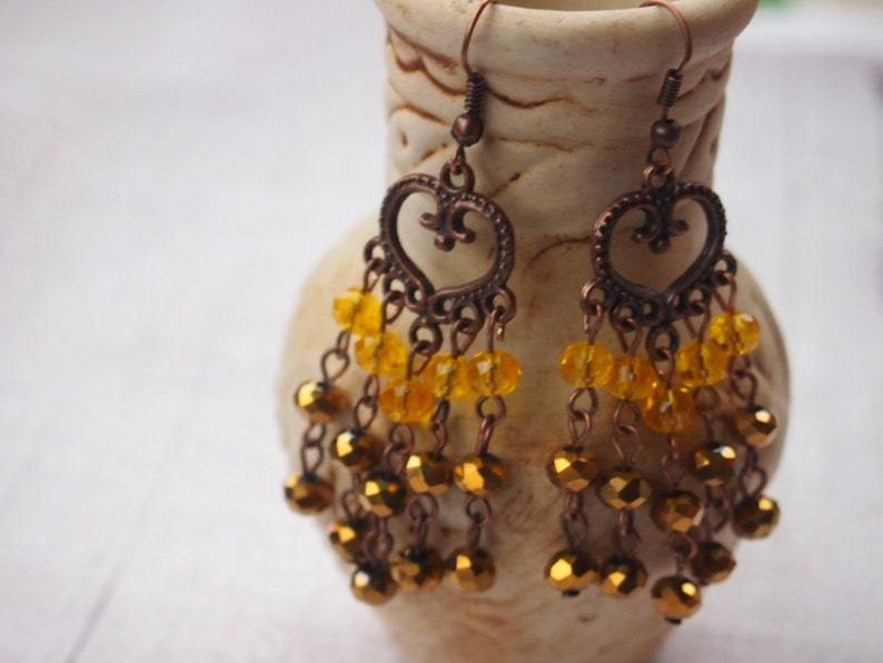 Gothic yellow and gold Long Earrings Gunmetal Victorian Style