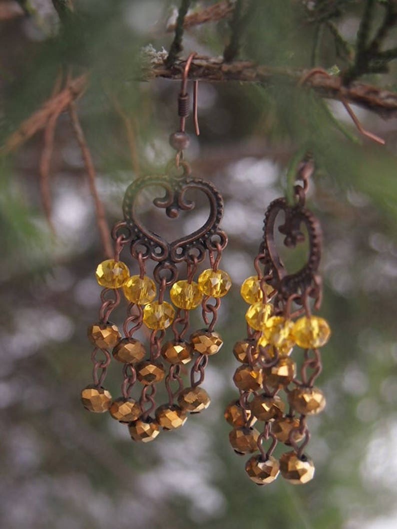 Gothic yellow and gold Long Earrings Gunmetal Victorian Style
