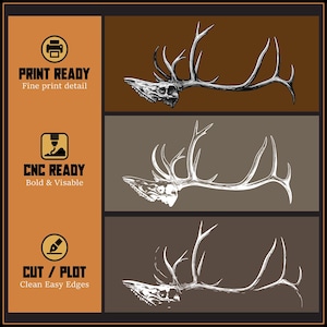 Bull Elk Skull Antlers SVG Bundle – 3 Digital Skull Antler Illustrations | Rustic Hunting Decor Clipart | Transparent PNG for CNC, Decal Art