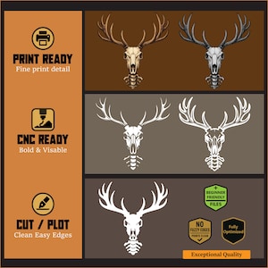 Bull Elk Skull Antlers SVG Bundle – 3 Digital Skull Antler Illustrations | Rustic Hunting Decor Clipart | Transparent PNG for CNC, Decal Art