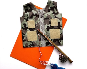 Elf Camo fishing vest for elf dolls with fishing pole and fish set, military, fatigues, doll clothing, costume, accessories
