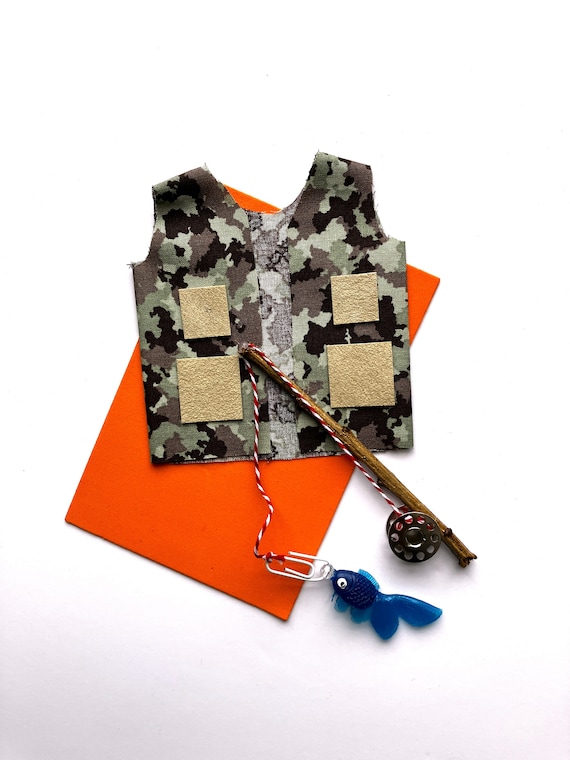 Elf Camo Fishing Vest for Elf Dolls With Fishing Pole and Fish Set,  Military, Fatigues, Doll Clothing, Costume, Accessories 