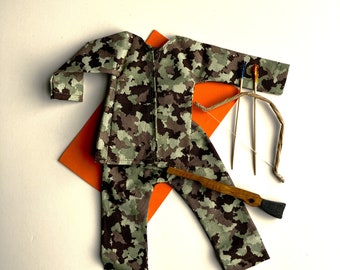 Elf Camo, hunter uniform for elf dolls with rifle bow and arrows, military, fatigues, doll clothing set, costume, accessories