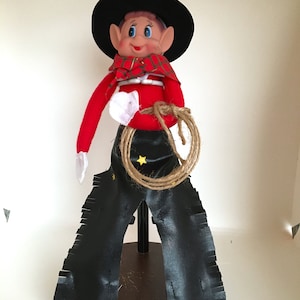 Elf  fringed chaps, cowboy hat, lasso, scarf set; rodeo, cowboy outfit, elf doll clothing, accessories, props