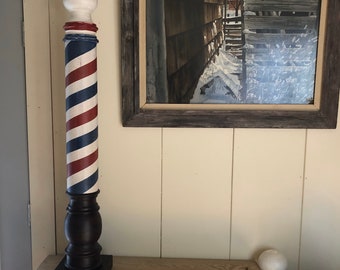 Barber pole - turned base - free standing - hand turned from recovered barn wood and finished with authentic milk paint