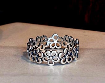 Daisy Flower Band Sterling Silver Ring Floral Garden 925