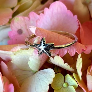 May include: A silver ring with a starfish design. The ring is set against a backdrop of pink and cream-colored flower petals. The starfish has detailed texture and is the focal point of the ring.