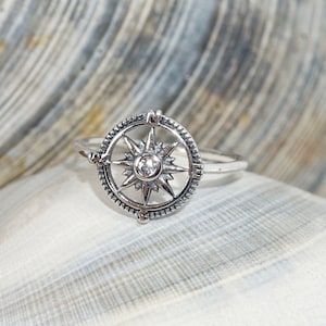 Compass Ring with Clear CZ Sterling Silver (.925) • Compass Rose • Nautical • Sailing • Direction • Sizes 4-12
