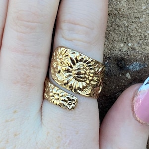 Gold Spoon Ring: Vintage Repousse Pattern, Adjustable Replica