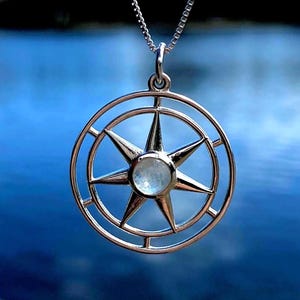 Sterling Silver Moonstone Star Pendant: Compass Rose Design