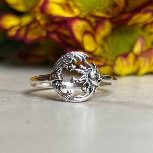 Anillo celestial de plata de ley con diseño de Luna, Sol y Cielo, Astrología y Astronomía, Hombre en la Luna, 925