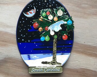 South Carolina Christmas Ornament, Enamel State Flag, Palmetto Tree