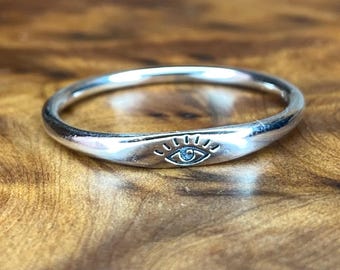 Minimalist Sterling Silver 925 Evil Eye Ring Stackable Thin Band