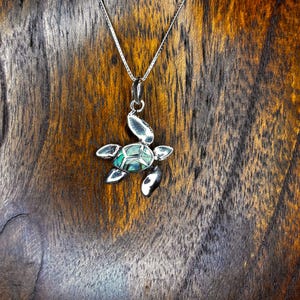 May include: A silver-toned turtle pendant necklace. The turtle pendant has a turquoise-colored shell and is suspended from a delicate chain. The background is a dark, textured wooden surface.