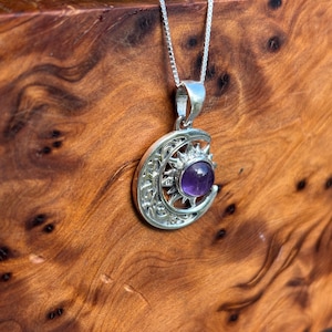 Moon and sun amethyst sterling silver 925 pendant