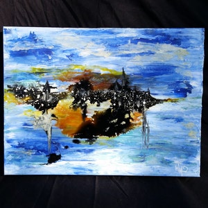 12x16 Oil Canvas, "Vast Docility", Abstract, Blue Skyline Canvas, City Island Painting, Free shipping