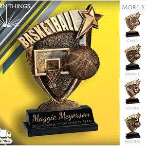 BASKETBALL TROPHY - Broadcast Resin Trophies - Free Shipping - Custom Engraved Name Plate - Single and Bulk Pricing Available