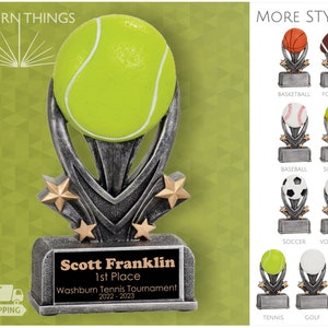 TENNIS TROPHY - Sport Resin Trophies - Free Shipping - Custom Engraved Name Plate - Single and Bulk Pricing Available