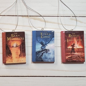 Handmade Set of 5 or 8 Percy Jackson , 5 Heroes of Olympus, 5 Trials of Apollo, or 4 Magnus Chase small or jumbo size book ornaments.