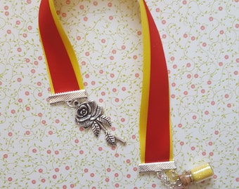 Beauty and the Beast ribbon bookmark, beauty and the beast inspired bookmark with rose charm and glitter charm.