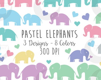 Pastel Elephant Clipart Set - Nursery New Baby Design - Commercial Use