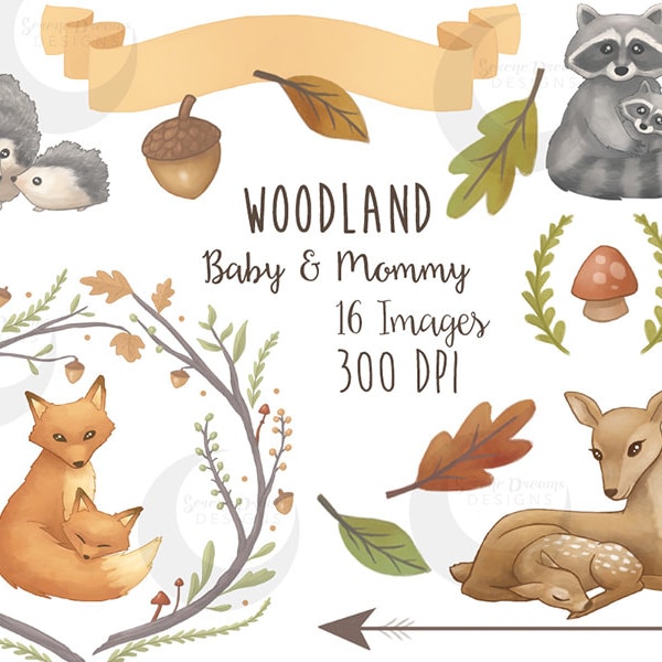 Woodland Clipart Mommy & Baby Forest Animals Cute Nature Watercolor Set - Commercial Use