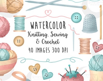 Crafts Clipart Knitting, Sewing and Crochet Watercolor Set - Commercial Use