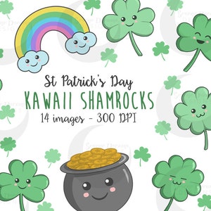 Kawaii Shamrocks - Lindo juego de imágenes prediseñadas de tréboles del día de San Patricio - Uso comercial