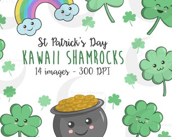 Kawaii Shamrocks - Cute St Patrick's Day Clovers Clipart Set - Commercial Use