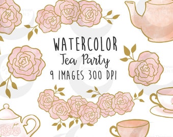 Watercolor Tea Party Rose Gold Clipart Set - Commercial License