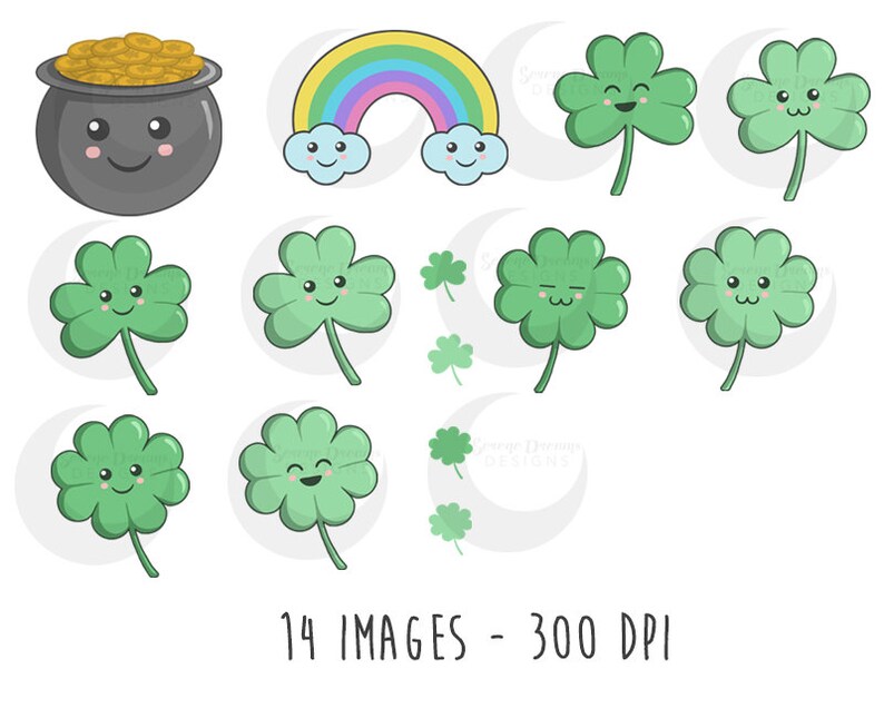 Kawaii Shamrocks Cute St Patrick's Day Clovers Clipart Set Commercial Use image 2