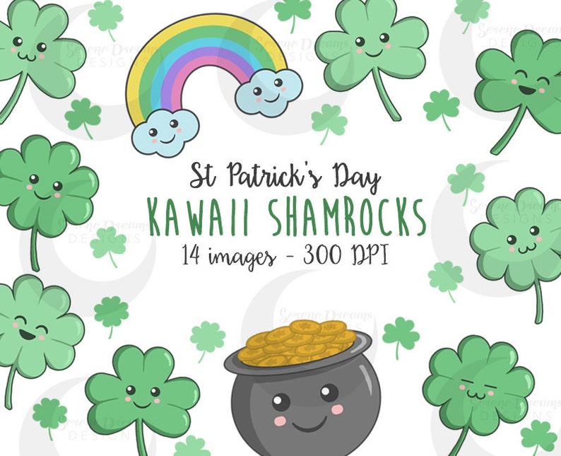 Kawaii Shamrocks Cute St Patrick's Day Clovers Clipart Set Commercial Use image 1
