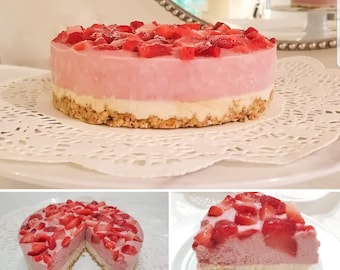 Keto Strawberry Cream Cheesecake (Raw, Vegan, Paleo, NoGMO,  Gluten-Free, Grain-Free, Dairy-Free, Diabetic-Friendly) - 9" Cake