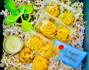 Giftbox, Paleo Chocolate chip cookies, citronella candle and succulent, also vegan, dairy free, no ref. sugar, no GMO, no Gluten