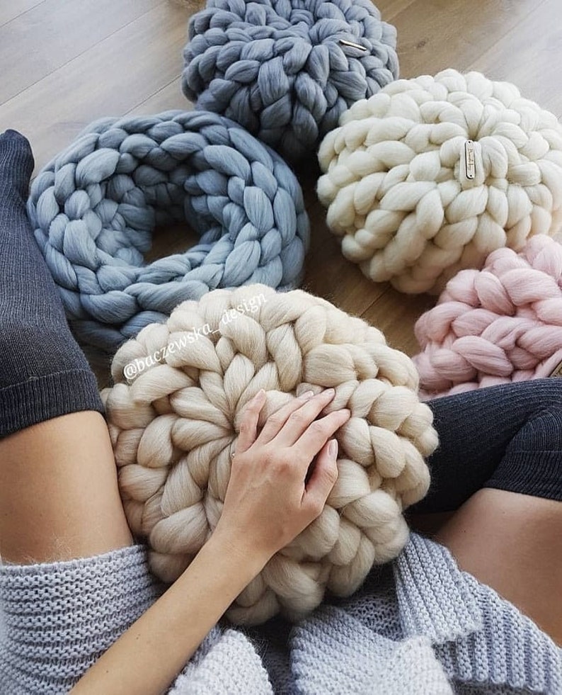 Chunky MERINO WOOL cushion Round decorative pillow Chunky Etsy
