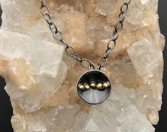 Oxidized Sterling Silver Circle Necklace: Brass Accent, Handmade