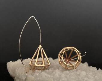 3D Printed Brass Diamond Earrings: Geometric Jewelry