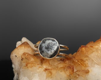 Sterling Silver Dendritic Opal Ring - Silver Ring - Dendritic Opal Ring - Statement Ring - Opal and CZ Ring - Double band silver ring - Opal