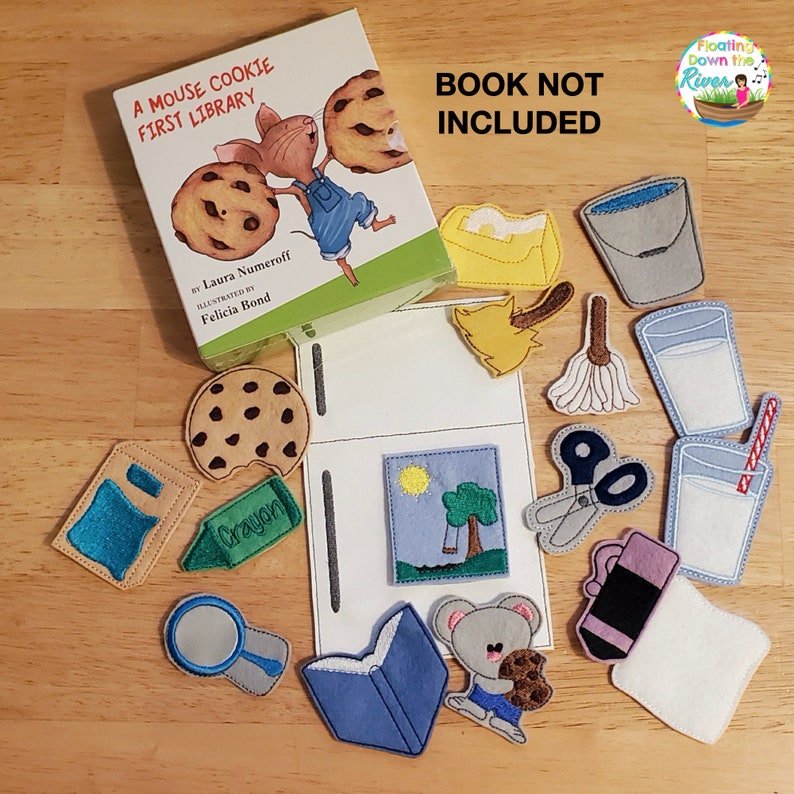 May include: A felt play set for the children's book "A Mouse Cookie First Library" by Laura Numeroff. The set includes felt cutouts of a mouse, a cookie, a book, a crayon, a magnifying glass, a tree, a bucket, a broom, a glass of milk, a pair of scissors, a pencil, and an eraser. The book cover is also included in the set.