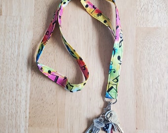 Music Lanyard, Fabric Lanyard, ID Badge Holder, Key Lanyard, Music Teacher Gift, Choir Director, Band Teacher Gift, Rainbow