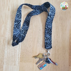 Music Lanyard, Fabric Lanyard, ID Badge Holder, Key Lanyard, Music Teacher Gift, Choir Director, Band Teacher Gift- Black 2 notes